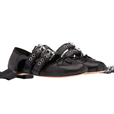 Double Buckles Decor Female Ballet Shoes Elegant Flats Butterfly-knot Leather Flat Shoes Woman Chaussures Femme New Casual Shoes
