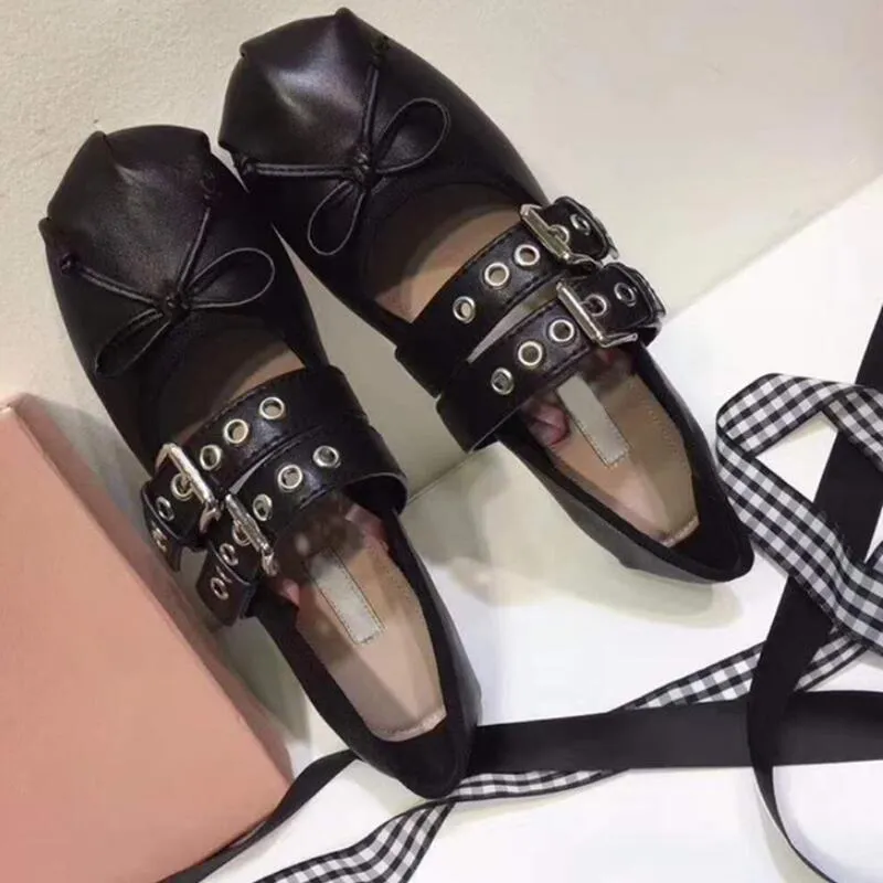 Double Buckles Decor Female Ballet Shoes Elegant Flats Butterfly-knot Leather Flat Shoes Woman Chaussures Femme New Casual Shoes