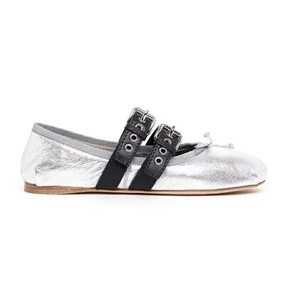 Double Buckles Decor Female Ballet Shoes Elegant Flats Butterfly-knot Leather Flat Shoes Woman Chaussures Femme New Casual Shoes