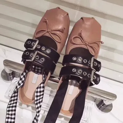 Double Buckles Decor Female Ballet Shoes Elegant Flats Butterfly-knot Leather Flat Shoes Woman Chaussures Femme New Casual Shoes