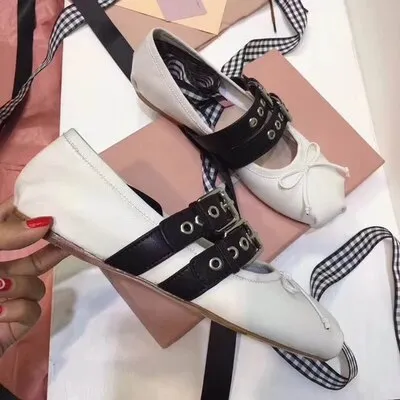 Double Buckles Decor Female Ballet Shoes Elegant Flats Butterfly-knot Leather Flat Shoes Woman Chaussures Femme New Casual Shoes