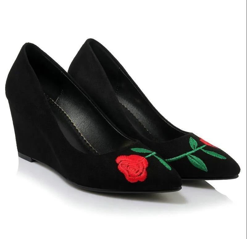 Dousin Partin Women Pumps Wedge High Heel Embroider National Style Pointed Toe Platform Summer Flock