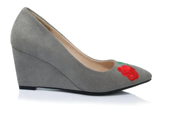 Dousin Partin Women Pumps Wedge High Heel Embroider National Style Pointed Toe Platform Summer Flock