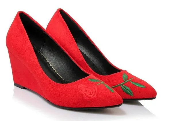 Dousin Partin Women Pumps Wedge High Heel Embroider National Style Pointed Toe Platform Summer Flock