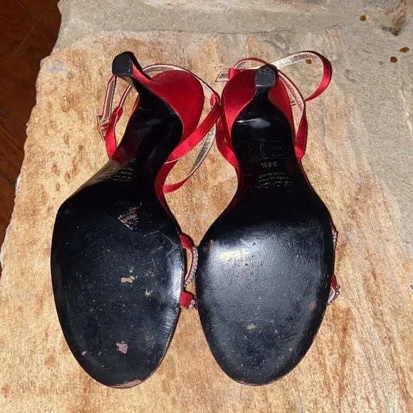 Escada Blair red satin rhinestone heels Made in Italy🇮🇹