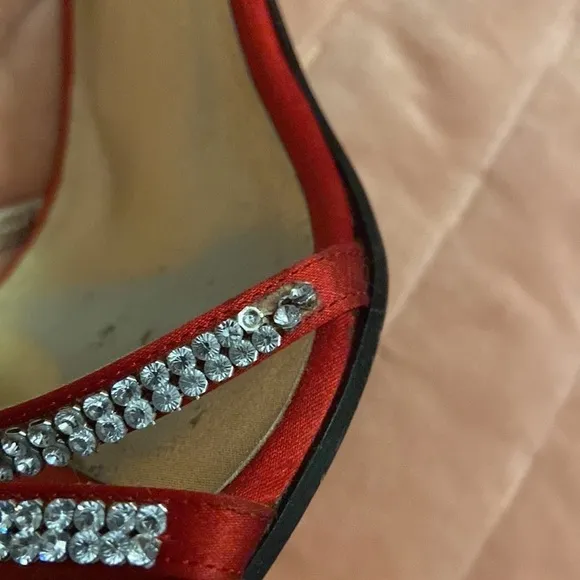 Escada Blair red satin rhinestone heels Made in Italy🇮🇹