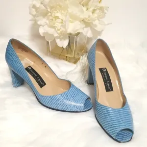 Etienne Aigner Dance Blue Leather Peeptoe Pumps Chunky Heel Made in Spain Sz 6M