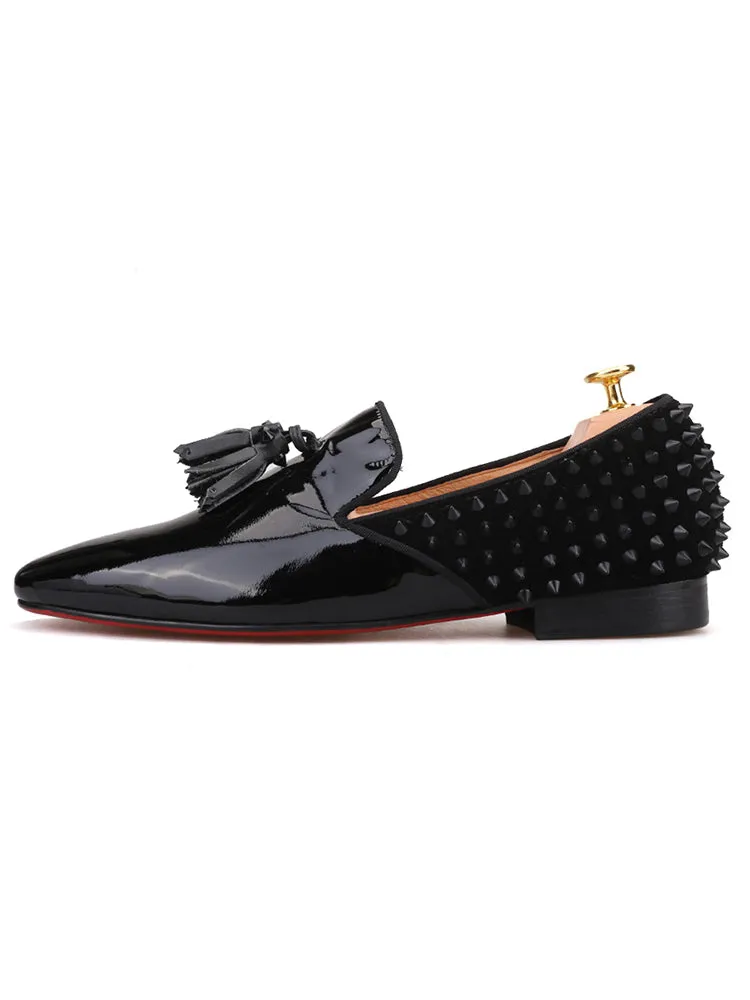 European and American style handmade patent leather yuppie shoes men's red sole shoes with tassels and rivets matching loafers