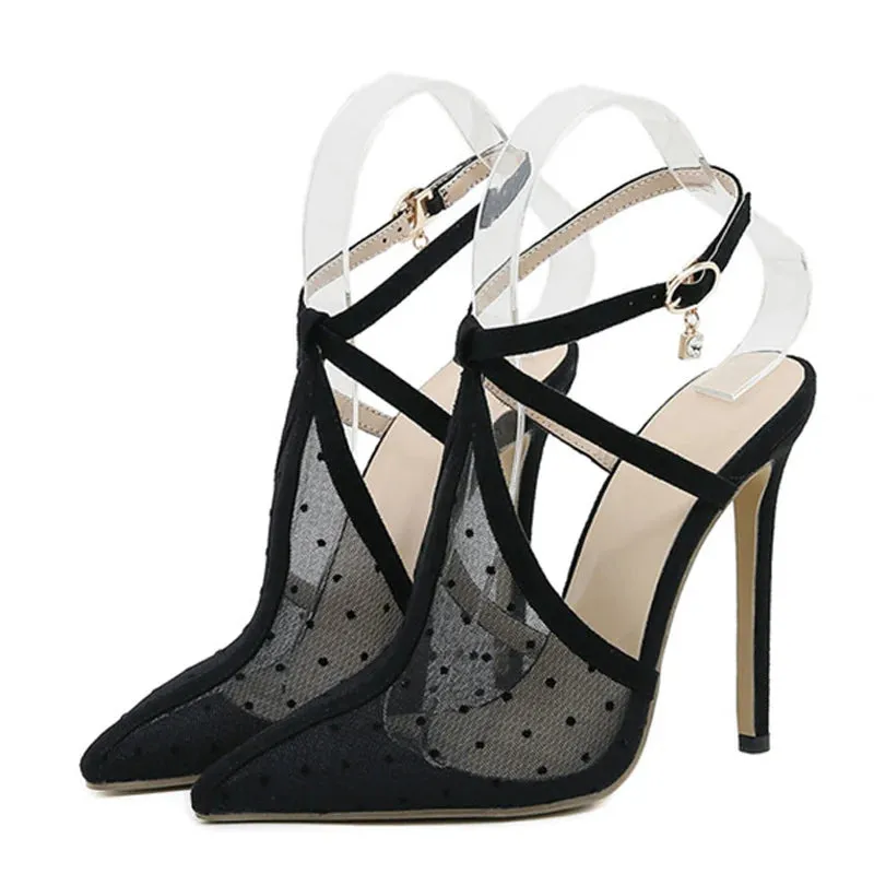Fashion Black Mesh Pointed Toe Stiletto High Heels Sandals