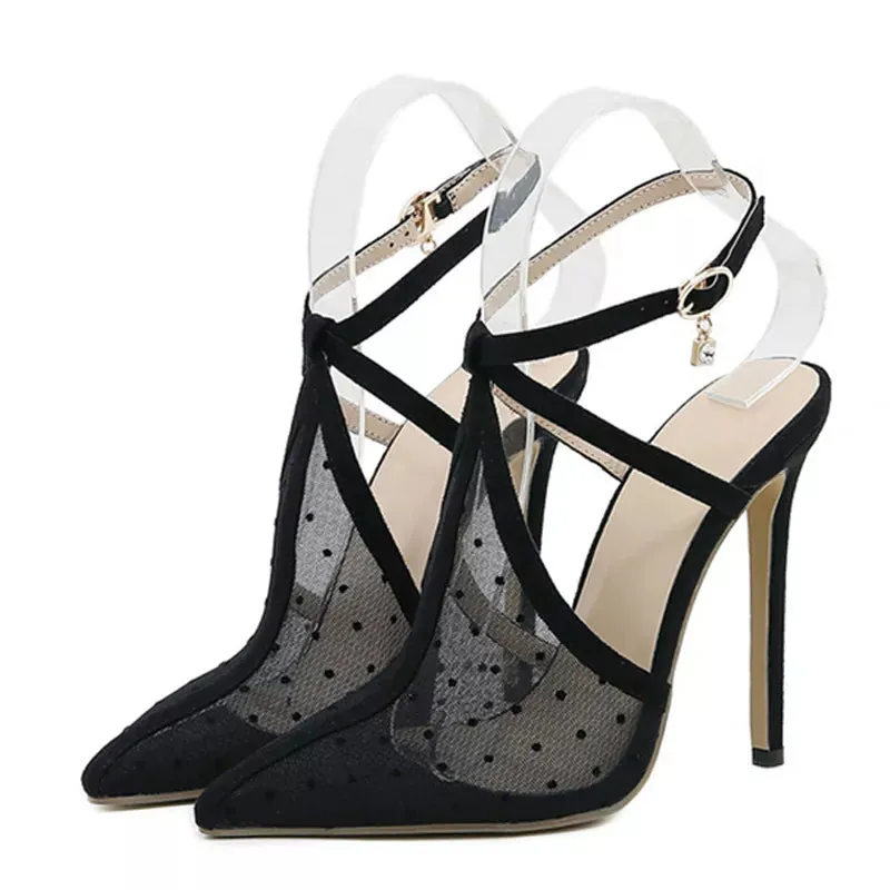 Fashion Black Mesh Pointed Toe Stiletto High Heels Sandals