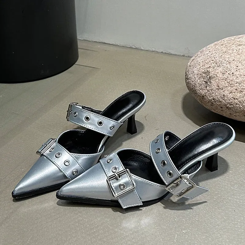 Fashion Buckle Woman Pumps Slippers White Leather Pointed Toe Slip On Slides Shoes