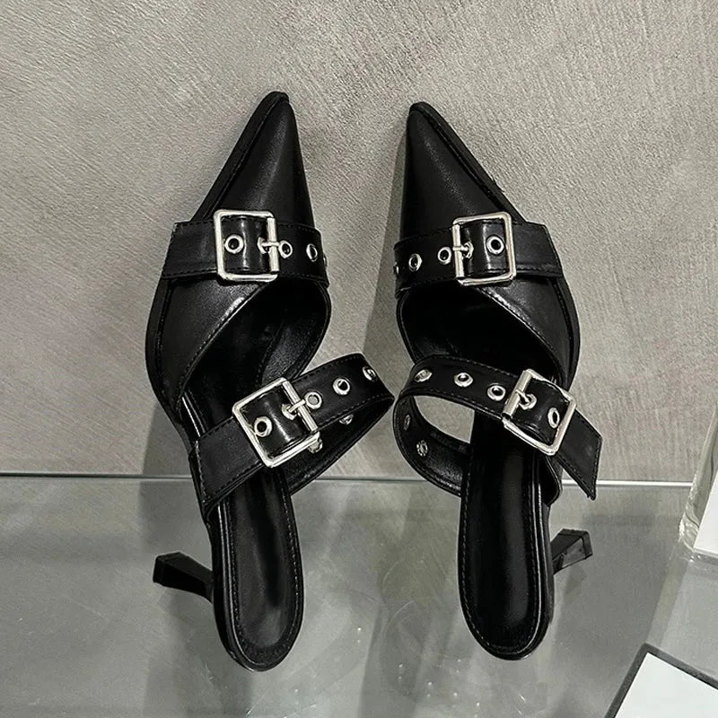 Fashion Buckle Woman Pumps Slippers White Leather Pointed Toe Slip On Slides Shoes