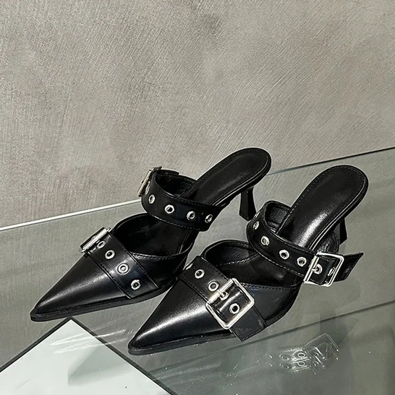 Fashion Buckle Woman Pumps Slippers White Leather Pointed Toe Slip On Slides Shoes