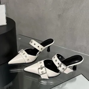 Fashion Buckle Woman Pumps Slippers White Leather Pointed Toe Slip On Slides Shoes