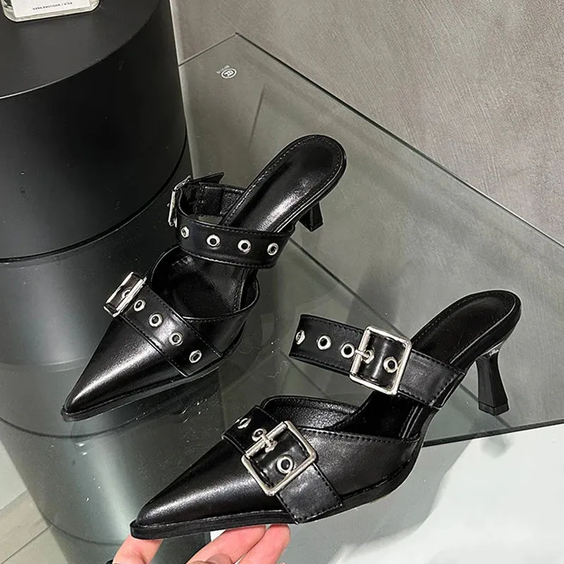 Fashion Buckle Woman Pumps Slippers White Leather Pointed Toe Slip On Slides Shoes
