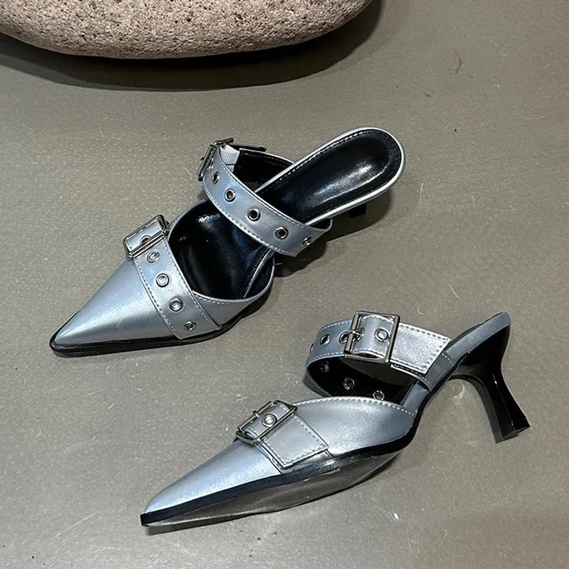 Fashion Buckle Woman Pumps Slippers White Leather Pointed Toe Slip On Slides Shoes