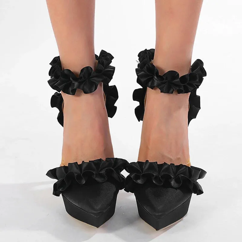 Fashion Design Pleated Silk Ankle Strap Women Platform Pumps