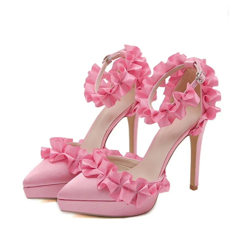Fashion Design Pleated Silk Ankle Strap Women Platform Pumps