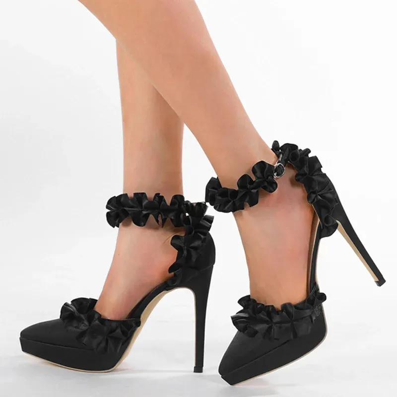 Fashion Design Pleated Silk Ankle Strap Women Platform Pumps