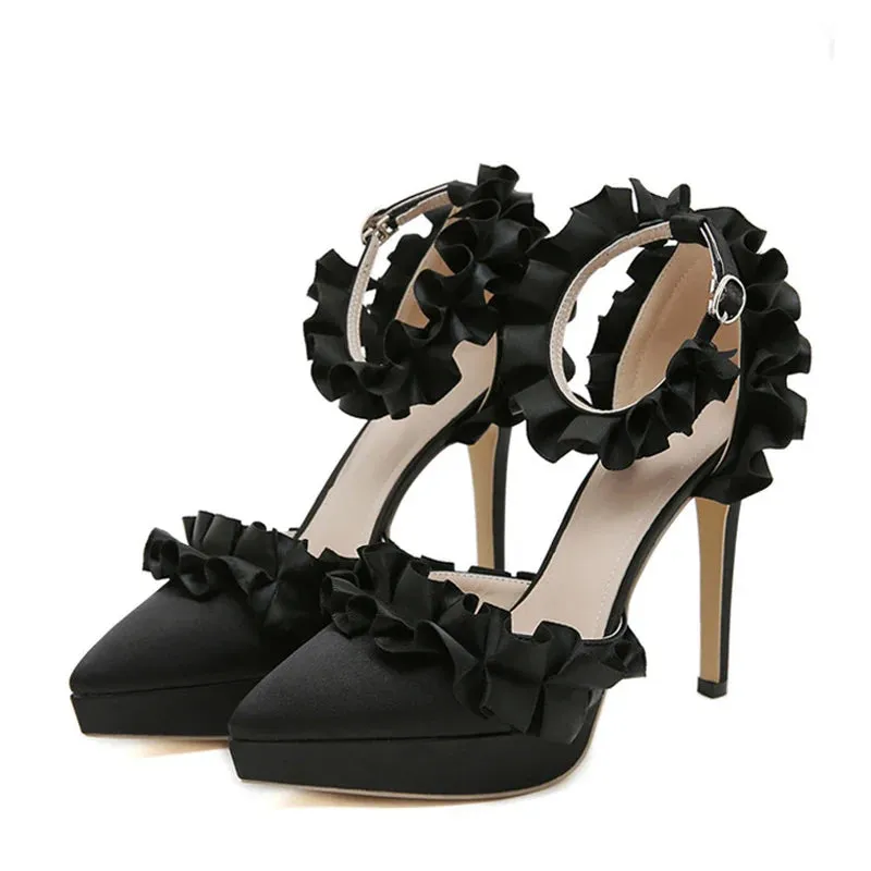 Fashion Design Pleated Silk Ankle Strap Women Platform Pumps