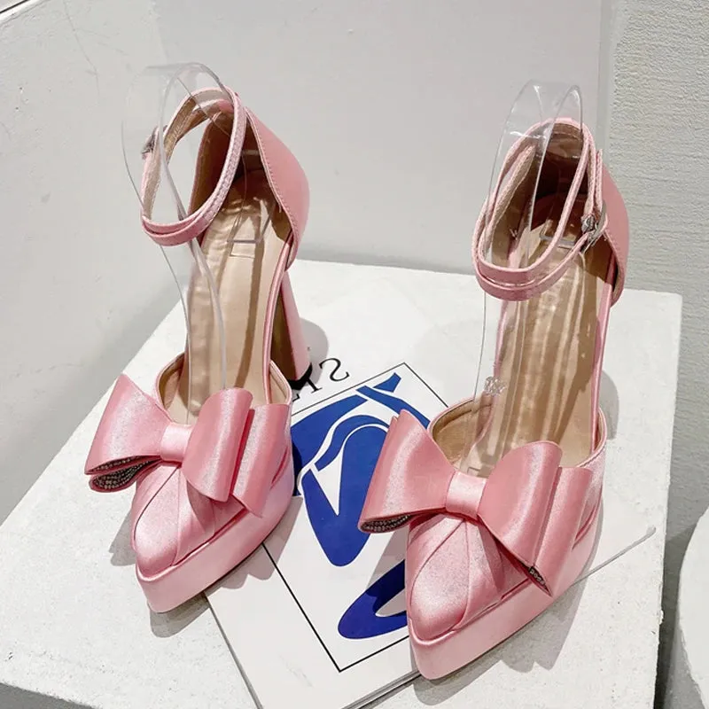 Fashion Pink Bowknot Pointed Toe Super High Heels Platform Pumps Women Sandals