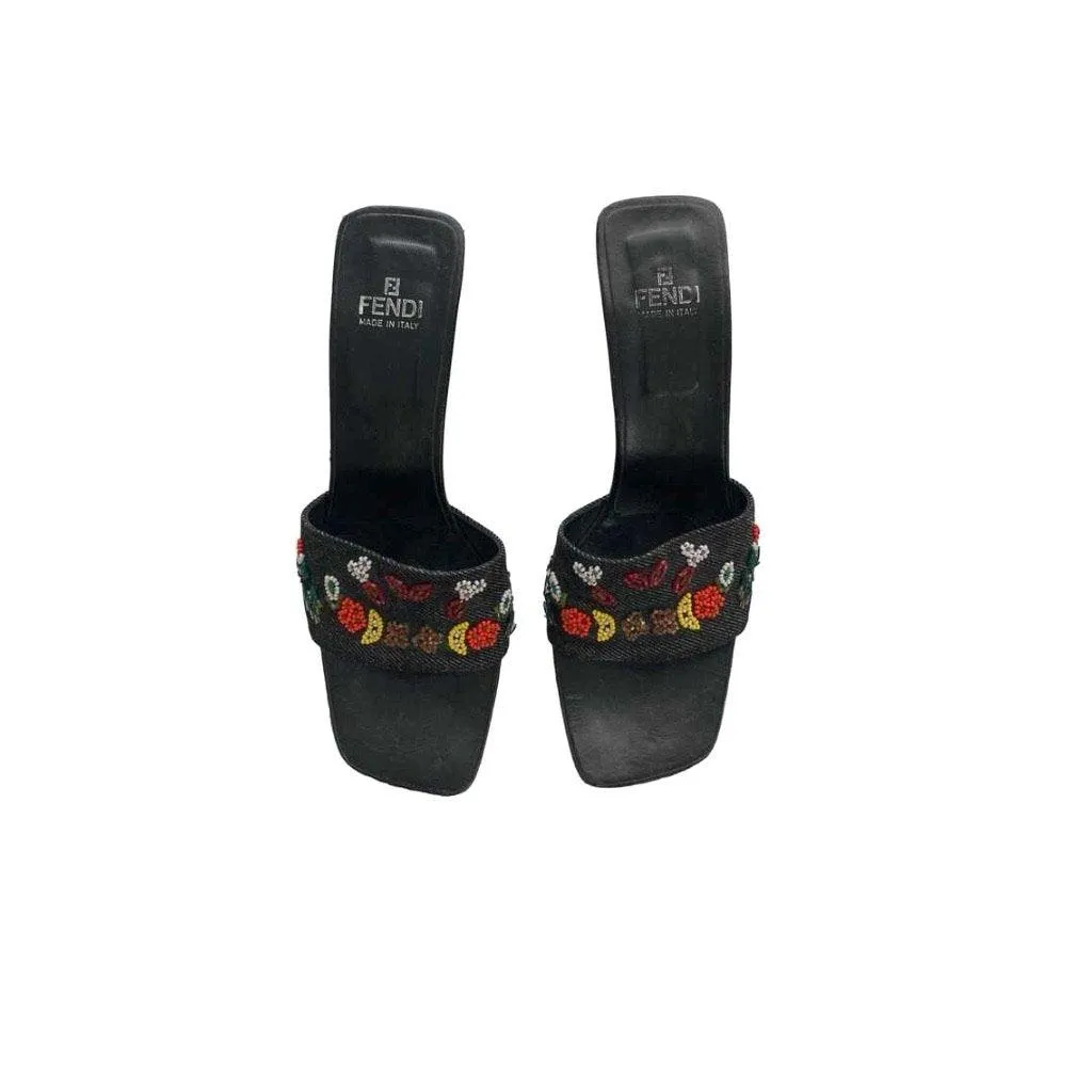 Fendi Denim Beaded Kitten Heels