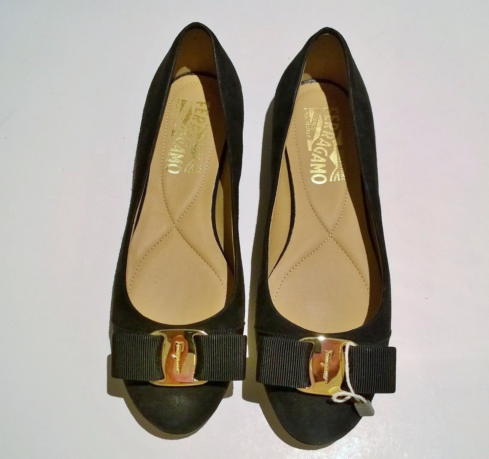 Ferragamo Black Suede Varina Bow Flats US 4.5C