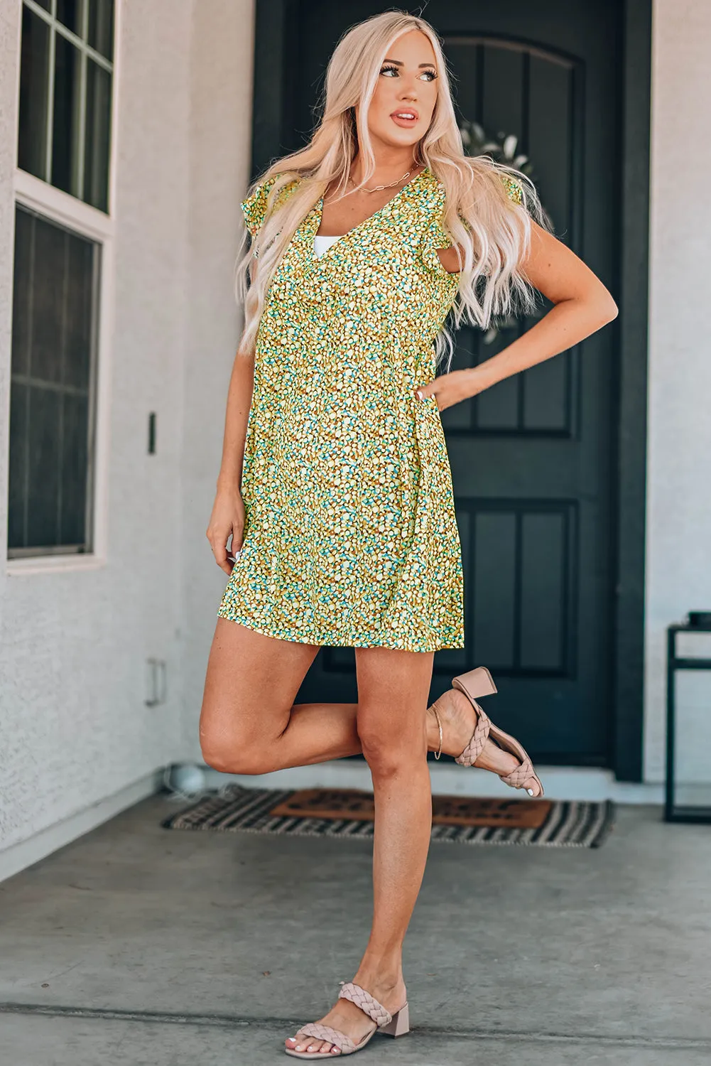 Floral Ruffle Shoulder V-Neck Babydoll Dress
