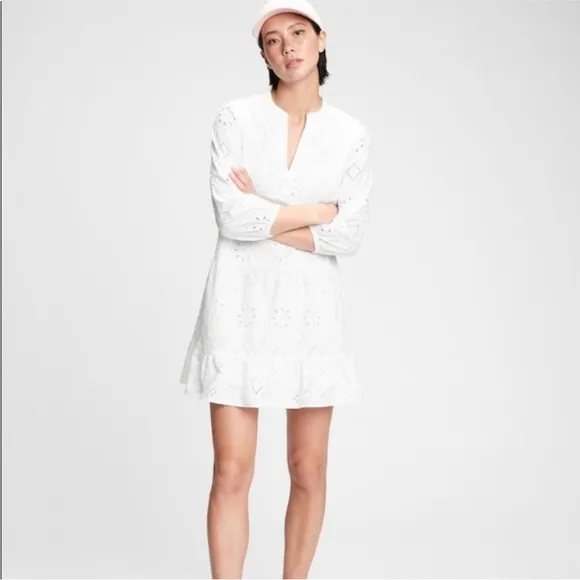 GAP White Ruffled A-line Dress with V-neck
