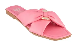 GC Shoes Womens Flat Faux Leather Fashion Sandals, Slip On Summer Slides, Knotted Cross Band Sandal Flats, Perri/Pink/8