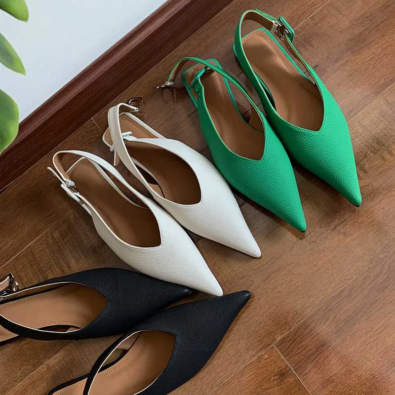 Genuine Leather Pointed Toe Low Heel Slingbacks Shoes Women