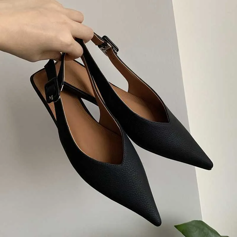 Genuine Leather Pointed Toe Low Heel Slingbacks Shoes Women