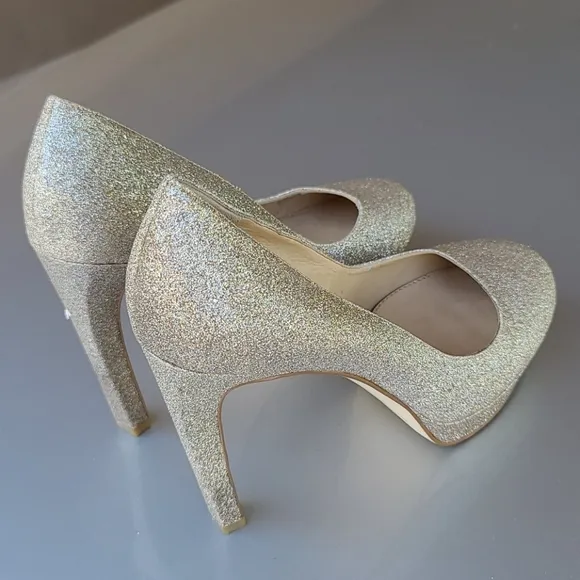 Gianni Bini Jeanna Champagne Gold Glitter Platform Heels Pumps 9.5