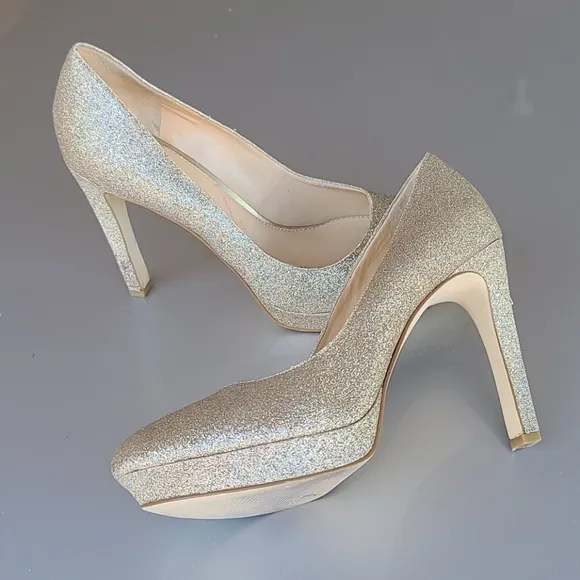 Gianni Bini Jeanna Champagne Gold Glitter Platform Heels Pumps 9.5