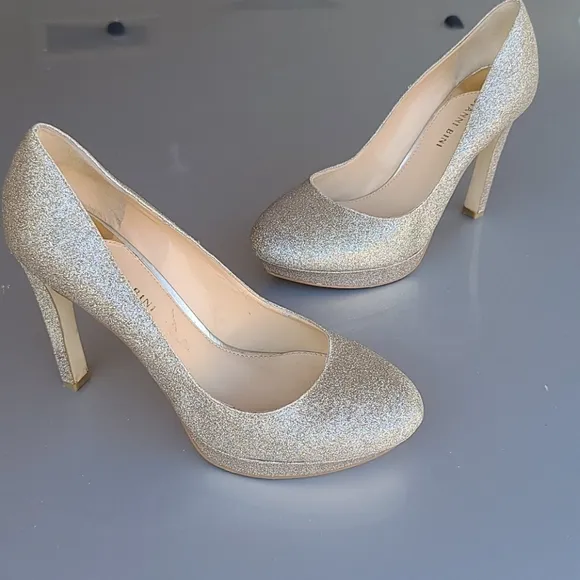 Gianni Bini Jeanna Champagne Gold Glitter Platform Heels Pumps 9.5