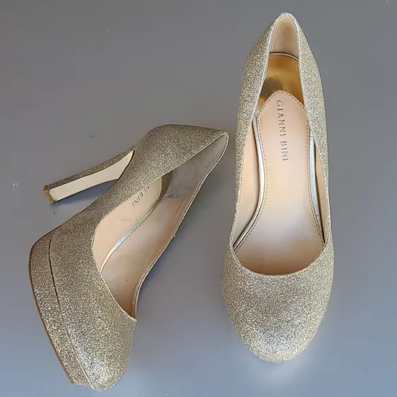 Gianni Bini Jeanna Champagne Gold Glitter Platform Heels Pumps 9.5