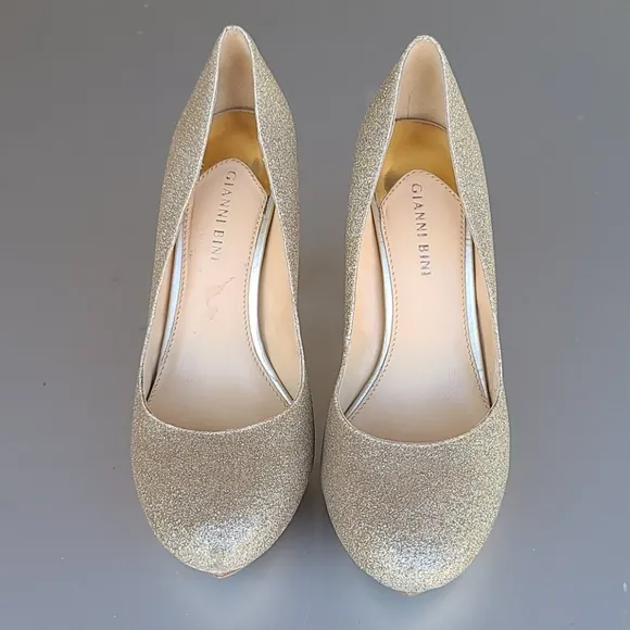 Gianni Bini Jeanna Champagne Gold Glitter Platform Heels Pumps 9.5