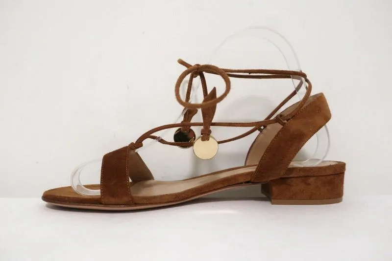 Gianvito Rossi Cherry Ankle-Tie Sandals Brown Suede Size 37.5 Slingback Flats
