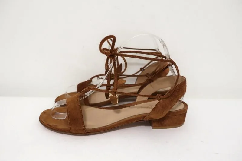 Gianvito Rossi Cherry Ankle-Tie Sandals Brown Suede Size 37.5 Slingback Flats