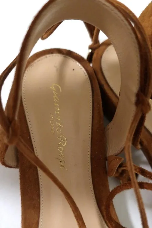 Gianvito Rossi Cherry Ankle-Tie Sandals Brown Suede Size 37.5 Slingback Flats