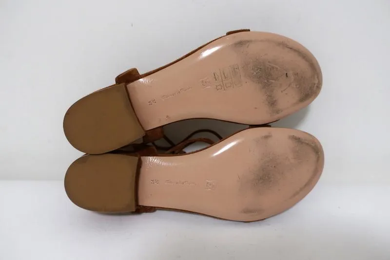 Gianvito Rossi Cherry Ankle-Tie Sandals Brown Suede Size 37.5 Slingback Flats