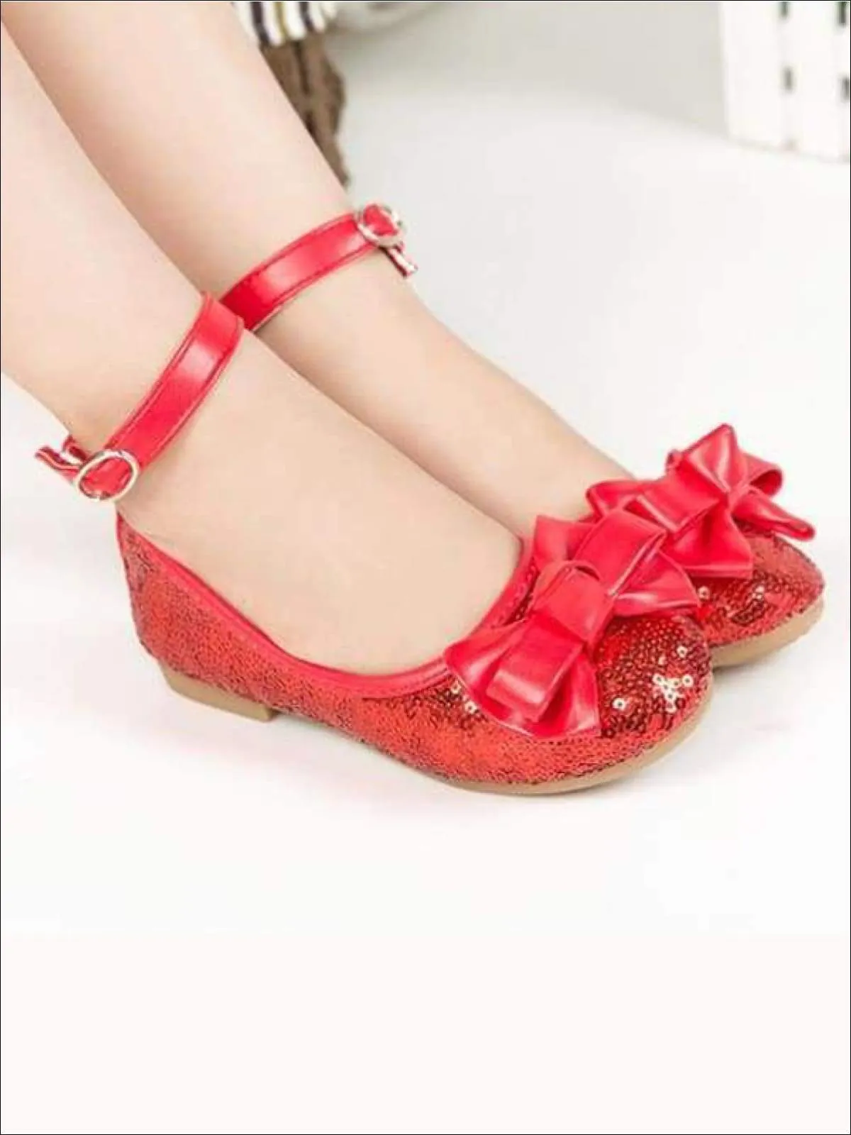Girls Shiny Sequined Bow Tie Princess Flats with Ankle Strap By Liv and Mia
