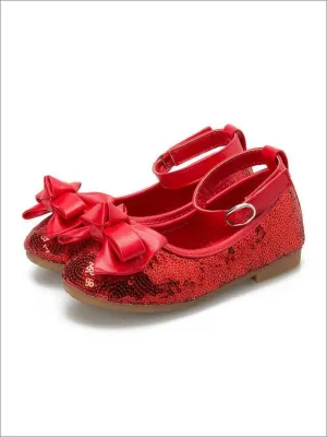 Girls Shiny Sequined Bow Tie Princess Flats with Ankle Strap By Liv and Mia