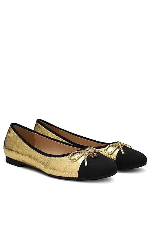 Gold Ballerina Flats With Bow Detail