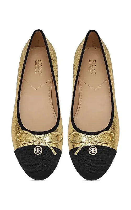 Gold Ballerina Flats With Bow Detail
