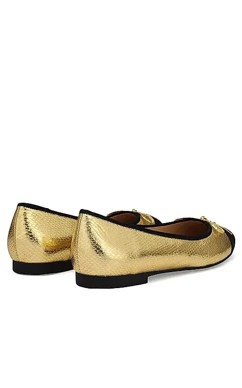 Gold Ballerina Flats With Bow Detail