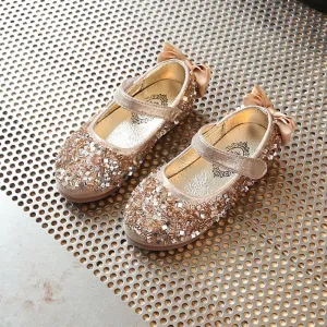Gold / Silver / Pink Leather Bow Sequin Flower Girl Shoes Wedding Party Princess Shoes