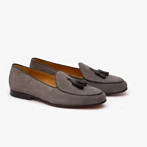 Grey Suede Belgian Loafers with Black Tassels