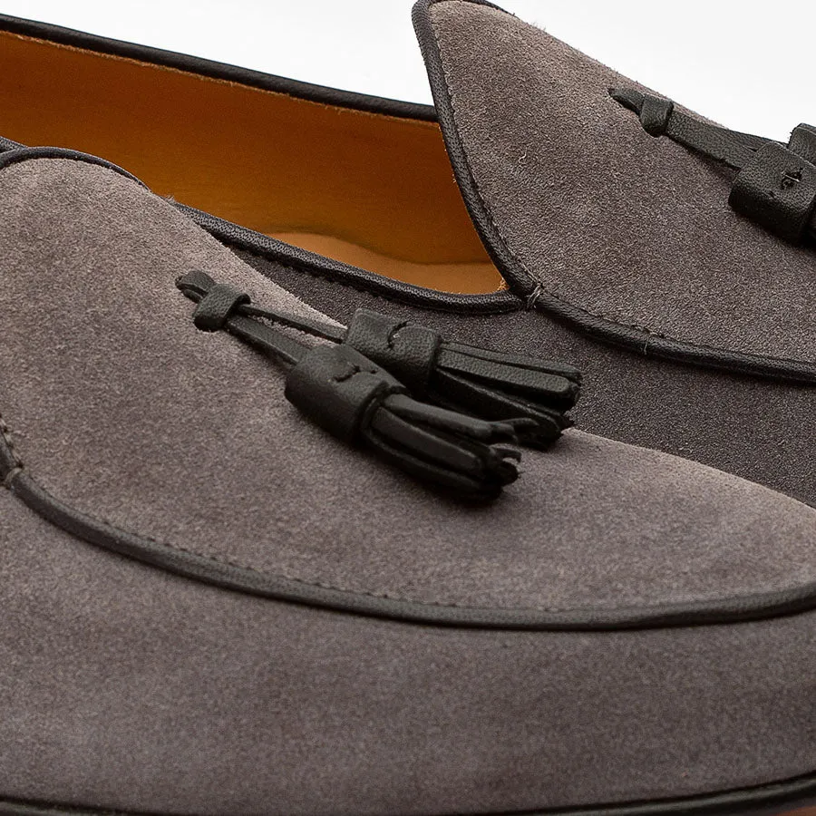 Grey Suede Belgian Loafers with Black Tassels
