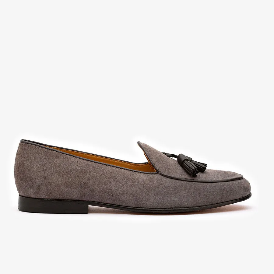 Grey Suede Belgian Loafers with Black Tassels